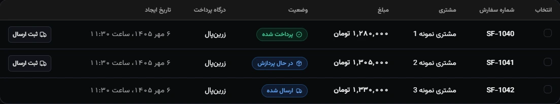 جدول واقعی سفارشهای سلفی با سه سفارش نمونه در وضعیت پرداختشده، در حال پردازش و ارسالشده